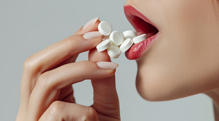 close-up pouring a handful of antidepressants into  mouth,  - obrazy, fototapety, plakaty