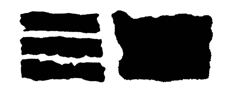 Black rectangle frames with jagged edges. Torn paper pieces set. Ripped shape silhouette collection. Textured grunge element bundle for collage, text box, banner, and sticker. Vector illustration