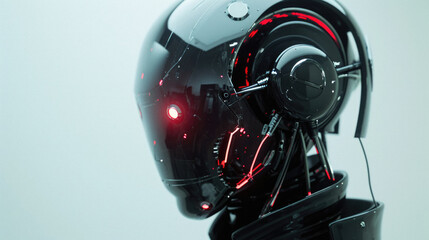 Close-up of robot's head with red light. Technology concept .