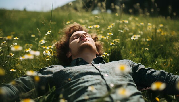 Man on the grass field during spring time with sun shining. Young man laying on a field full of flowers with his eyes closed soaking up the sun. Person sleeping in a flower field