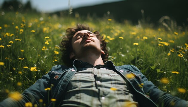 Man on the grass field during spring time with sun shining. Young man laying on a field full of flowers with his eyes closed soaking up the sun. Person sleeping in a flower field