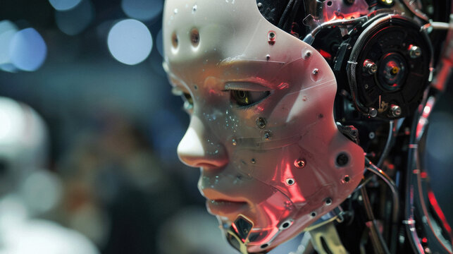 Close-up of a robot's head in the exhibition hall .