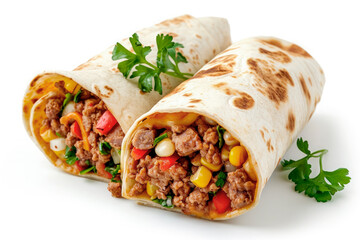 delicious mexican burrito with beef,vegetables and sauce isolated on white background