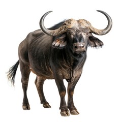 African Buffalo standing side view isolated on white background, photo realistic.