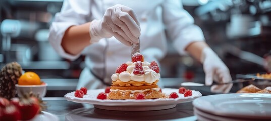 Professional chef decorating dessert in modern kitchen with blurred background and copy space