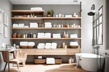 Opt for open shelving in the bathroom to showcase stylish towels and toiletries  - obrazy, fototapety, plakaty