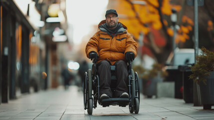 Handicapped or old adult man navigates a sidewalk in an electronic wheelchair, city lights in the backdrop Quality of life and impairment concept.