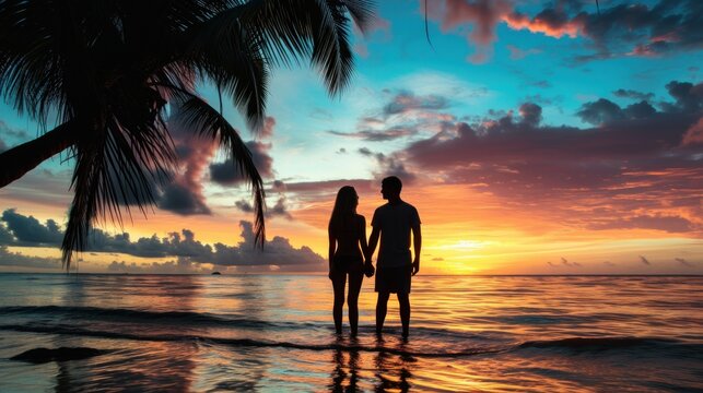 Silhouette of a young couple standing on a tropical beach, captivated by the beautiful sunset