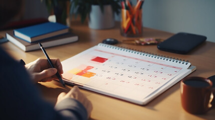 Reminder appointment calendar for organizer agenda time table and event planner organize and schedule activity. Man pointing on calendar or schedule to marking color paper note target date appointing - obrazy, fototapety, plakaty