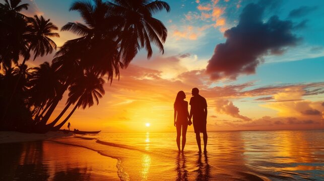 Silhouette of a young couple standing on a tropical beach, captivated by the beautiful sunset