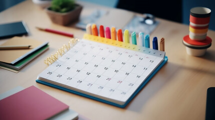 Reminder appointment calendar for organizer agenda time table and event planner organize and schedule activity. Man pointing on calendar or schedule to marking color paper note target date appointing - obrazy, fototapety, plakaty