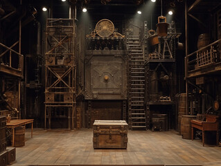 Industrial stage with a steampunk theme, featuring a steam-powered box amidst iron creaks and mechanical stages