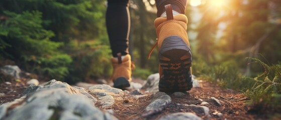 Hikers walking through a forest in the soft glow of sunset light. The focus is on the rear view of a hiker's shoe, providing a serene scene with copy space for text