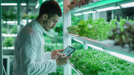 Scientist using digital tablet in hydroponic farm. Technology and agriculture concept .