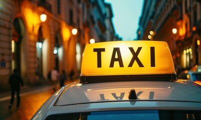 Picture of a taxi sign on a car roof. Taxi transport detail against night blur city. - obrazy, fototapety, plakaty