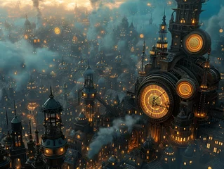 Fotobehang Clockwork scene in a steampunk world, intricate gears and steam mechanisms powering a retro fantasy city © 1st footage
