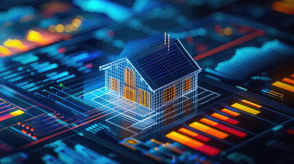 Obraz premium Abstract house on a blue background in the form of a circuit