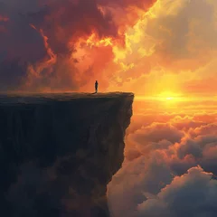 Gordijnen A young, brave soul standing at the brink of a cliff, the vast vista and the first light of sunrise symbolizing hope and change © 1st footage