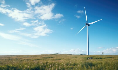 Wind turbine in beautiful landscape, production of clean and renewable energy, renewable and green energy concept. - obrazy, fototapety, plakaty