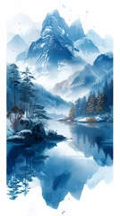 Fototapeten A beautiful fantasy landscape on a white background. Mountains, trees, fog. Watercolor painting. Abstract intricate splashes of paint on a white background. Generative AI. © Andrey Shtepa