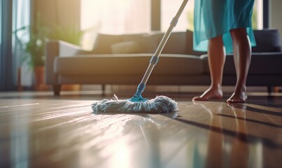 Close up photo of young woman cleaning floor with a wet mop - Powered by Adobe