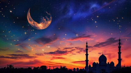 Mosque with sunset sky, moon and start, islamic night - obrazy, fototapety, plakaty