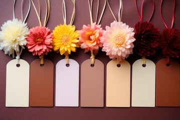 Multicolored labels or labels and flowers on the pale background