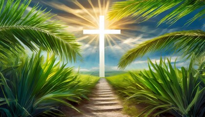 Palm Sunday. The Cross Standing Around Palms