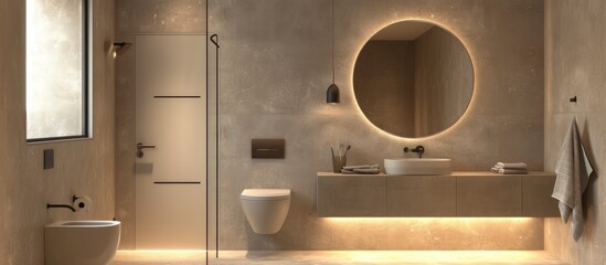 Interior design luxury beige toilet with a round mirror over washbasin into the cabinet.AI generated
