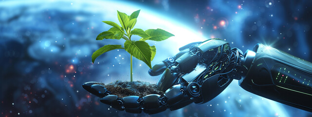 robot hand in space holding a seedling close-up - obrazy, fototapety, plakaty