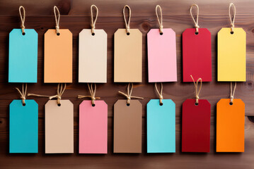 Multicolored labels or labels on the pale background. Mockup
