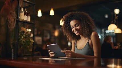 Happy woman enjoying online shopping with her credit card in a restaurant