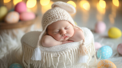 A peaceful newborn baby sleeps in a bunny hat, surrounded by colorful Easter eggs.
