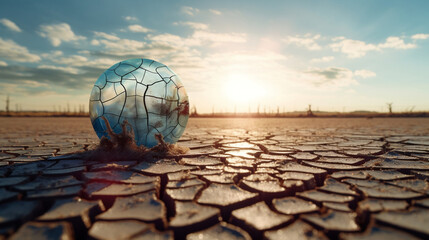 The globe disappears into the cracked barren land as the effects of global warming and extreme climate change. water soil environment concept - obrazy, fototapety, plakaty