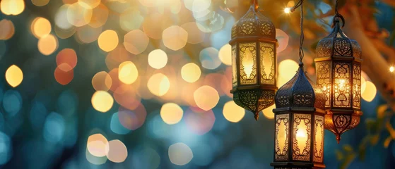 Deurstickers Illuminated Garland with Islamic lanterns on festive blurred backdrop. Moroccan lanterns at night. Glittering party garlands. Ramadan kareem, Eid Mubarak. Eastern holiday design © petrrgoskov