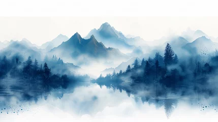 Foto op Plexiglas A beautiful fantasy landscape on a white background. Mountains, trees, fog. Watercolor painting. Abstract intricate splashes of paint on a white background. Generative AI. © Andrey Shtepa