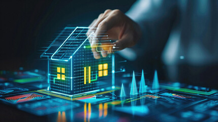 Close up of businessman hand touching virtual house hologram on dark background