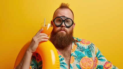 Portrait of a funny bearded man in scuba glasses drinking orange juice cocktail holding inflatable rubber ring isolated on yellow studio background. - obrazy, fototapety, plakaty