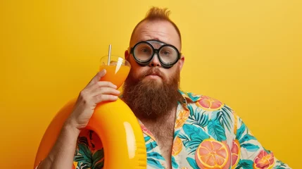 Poster Portrait of a funny bearded man in scuba glasses drinking orange juice cocktail holding inflatable rubber ring isolated on yellow studio background. © Andrey