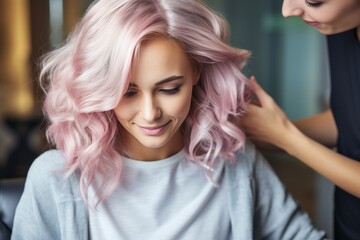 Fototapeta premium Professional hairdresser assisting girl with pink hair in hairstyling, with empty space for text