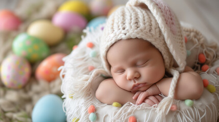 Fototapeta na wymiar A peaceful newborn baby sleeps in a bunny hat, surrounded by colorful Easter eggs. 
