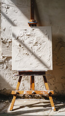 Aesthetic chaos. Easel, rough strokes of paint, opened paint tubes, brushes, white pastel colour palette. Generative AI