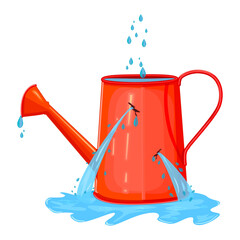 Leaking watering can and puddle. Pail with hole full water. Water leaking from broken watering pot. Useless red watering can. Water is poured out of hole in old watering can. Cracked red  hose. Vector © kajani