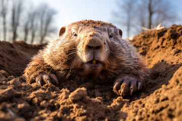 Obraz premium A marmot crawls out of the ground after hibernation. Generated by artificial intelligence