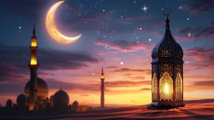 Fototapeta premium Illuminated Islamic lanterns with a crescent moon over a mosque silhouette. Moroccan lanterns at night. Glittering party garlands. Ramadan kareem, Eid Mubarak. Eastern holiday design