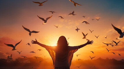 Woman praying and free the birds flying on sunset background, hope concept