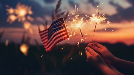 People celebrating holiday holding US flag and sparklers, fireworks in background - obrazy, fototapety, plakaty