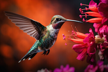 The hummingbird bird drinks nectar from flowers. Generated by artificial intelligence - obrazy, fototapety, plakaty