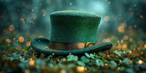 A sparkling green hat with clover and golden accents, celebrating St. Patrick's Day magic. - obrazy, fototapety, plakaty