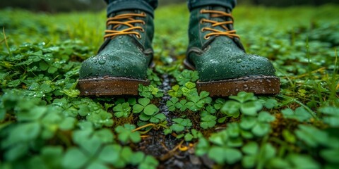 Leprechaun feet in green boots on a wet forest floor, celebrating nature and outdoor adventures. - obrazy, fototapety, plakaty
